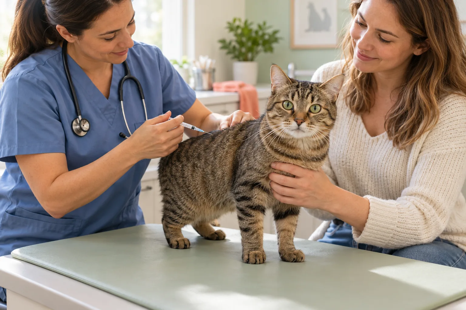Veterinary professional tending to a tabby cat while the owner supports it